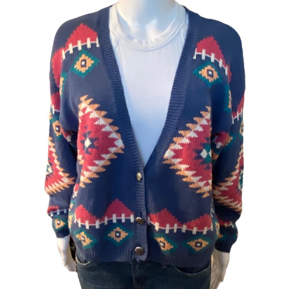 Vintage Nuovo Southwestern Knit 3 Button Cardigan Sweater Womens Medium Blue Pin - Picture 2 of 10